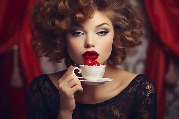 写真 若い女性が唇を舐めテーブルでカップの近くでデザートを握っています