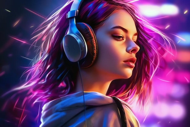 Young woman listening music AI generated