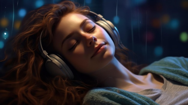 Young woman listening music lying down with eyes closed