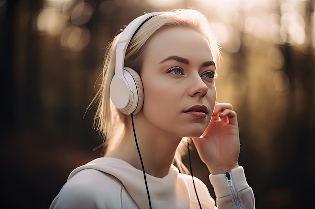 Молодая женщина слушает музыку в наушниках в парке Генеративный AI