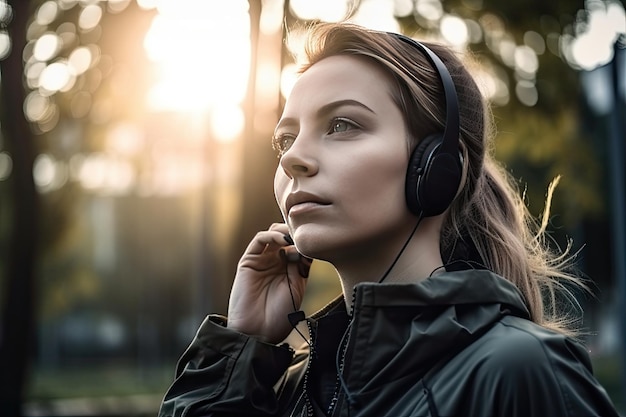 Young woman listening music with headphones on the park AI generative