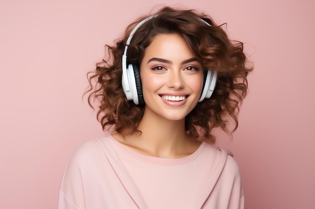 A young woman listening to music with headphones smiling over pink background veej