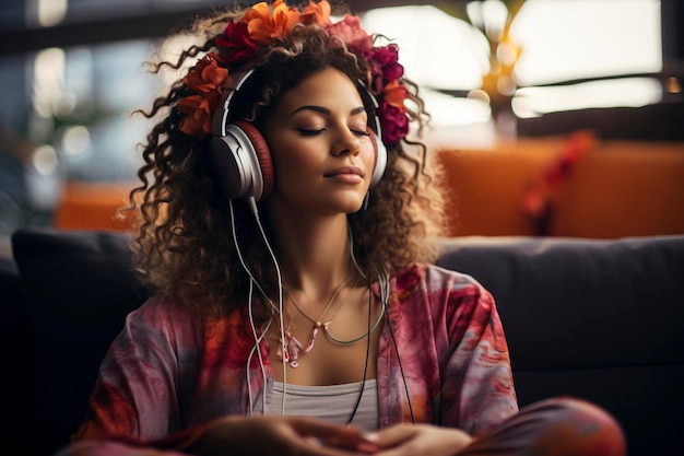 Photo young woman listening to music with headphones while sitting on sofa at home