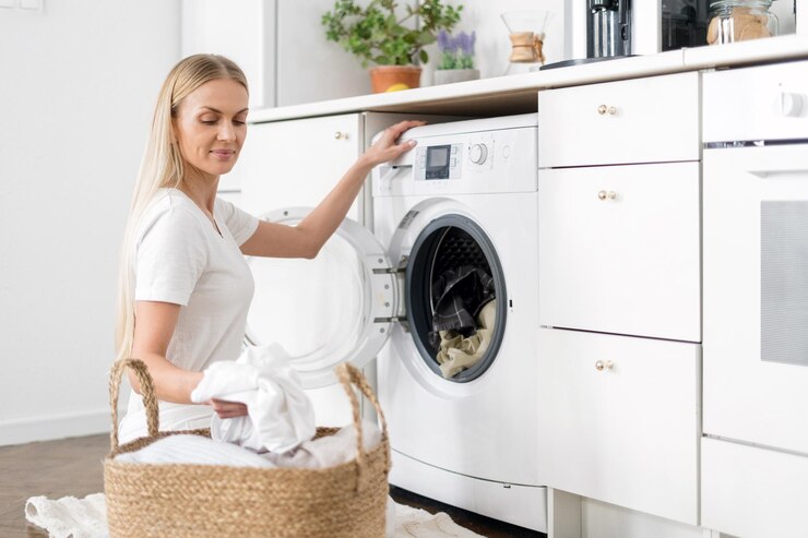 young woman load laundry in washer appliance at home
