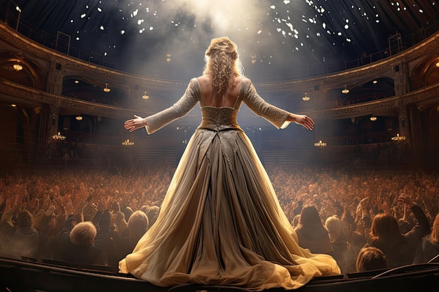 Young woman in a long evening dress dancing in front of a crowd Beautiful girl on the background of the concert hall An opera singer full rear view singing in front of large audience AI Generated