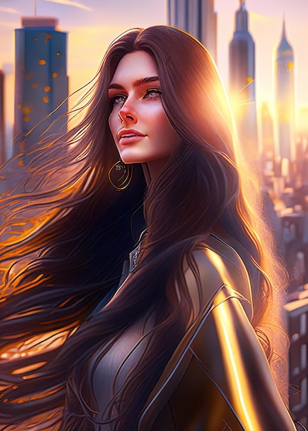 Young woman long flowing hair piercing eyes stylish outfit graceful figure cityscape background Ai generated