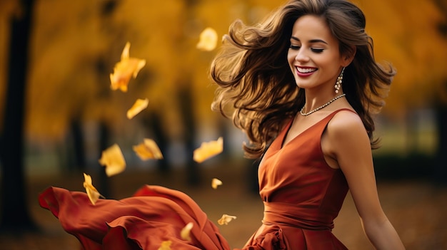 young woman in a long red dress with flying autumn leaves