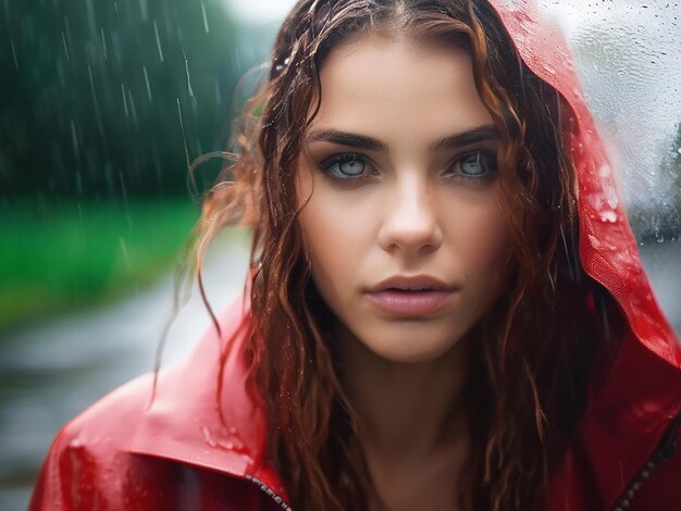 Foto giovane donna che guarda la telecamera con i capelli bagnati all'aperto sotto la pioggia