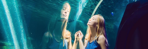 Young woman looking at fish in a tunnel aquarium. BANNER, long format