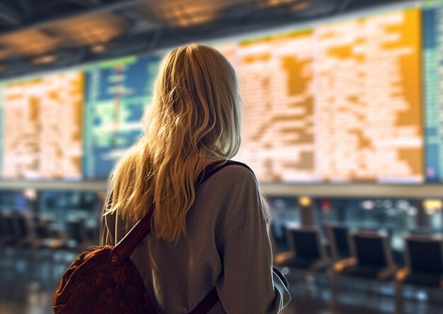 Photo young woman looking on flight schedule screen at airport before flightai generative