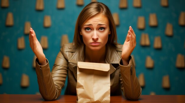 Foto giovane donna che guarda il suo pranzo in borsa di carta marrone con un'espressione preoccupata sul viso