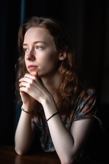 A young woman looking at her hand in a thoughtful way