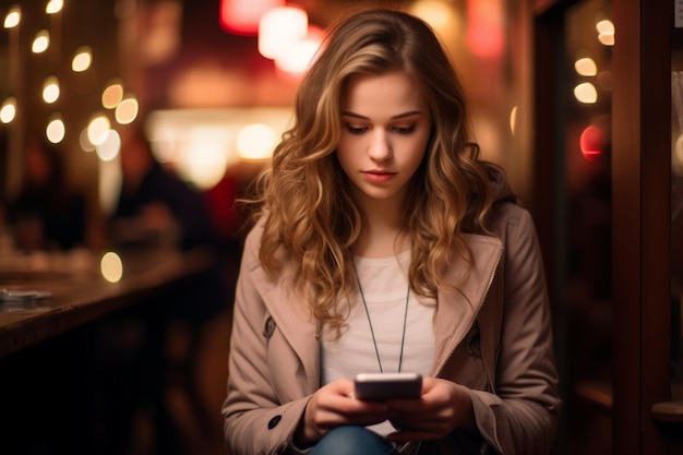 Photo young woman looking at her phone in a cafe