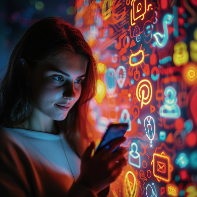 Young woman looking at her phone in front of a colorful background full of social media logos