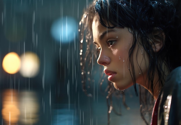 Young woman looking into the distance with deep sadness under the rain