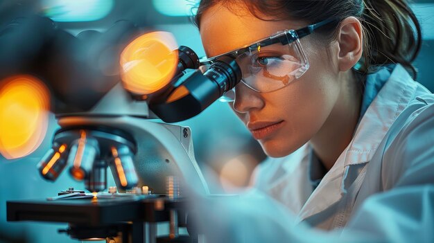 young woman looking at a microscope in laboratory