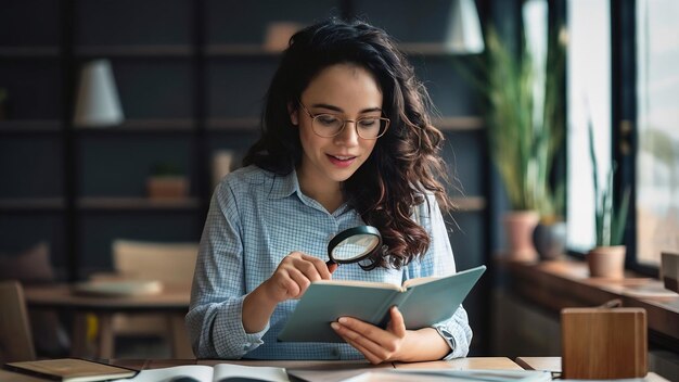 Photo young woman looking at notebook with magnifying glass high quality photo