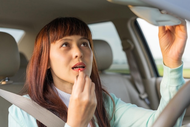 Young woman looking in rear view mirror and making up her lips while sitting behind the wheel of her car Female painting lips doing applying make up while driving the car Concept of danger driving