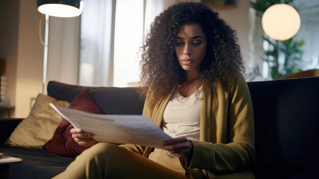 Photo young woman looking through bills and looking worried and upset