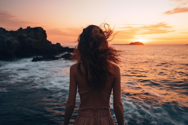 Фото Молодая женщина смотрит на закат в море