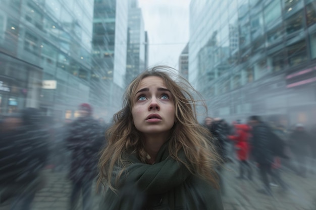 Photo a young woman looking up at a tall building with a crowd of people walking past her