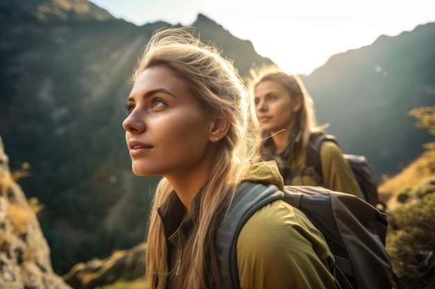 A young woman looking at the view while on a hike with her friends created with generative ai