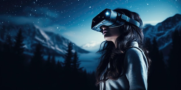 A young woman looks into the night sky through 3D glasses