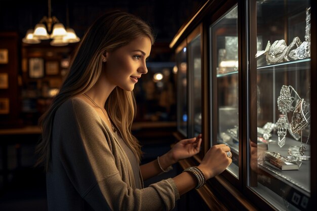 Photo young woman looks at a jewelry display case