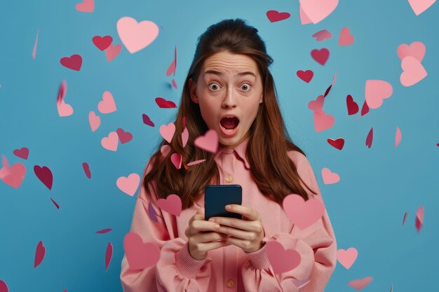 Young woman looks shocked while looking at her phone screen