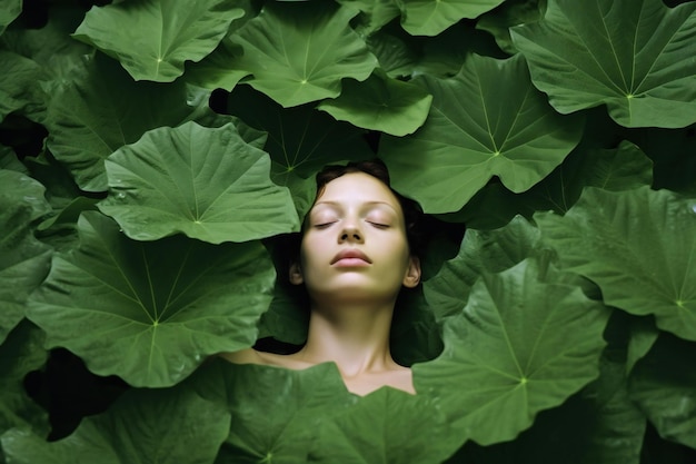 Photo young woman in lotus leaves view from above natural beauty concept