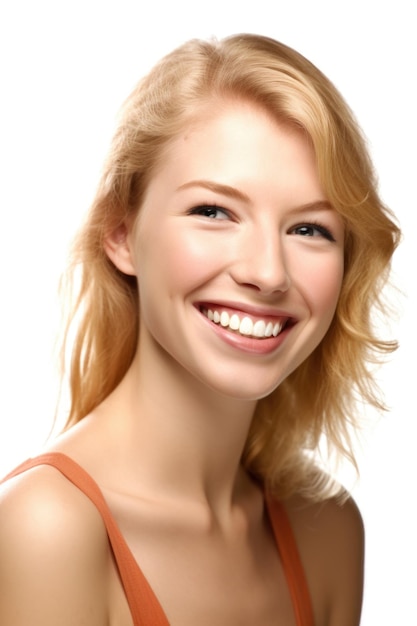 생성 인공 지능으로 만든 흰색 배경에 고립되어 있는 동안 사랑스럽게 미소 짓는 젊은 여성