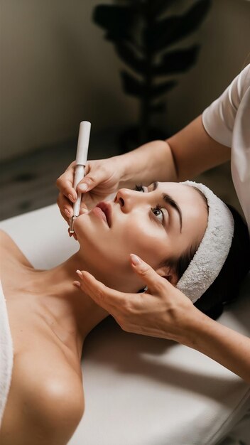 Foto giovane donna sdraiata sul tavolo dei cosmetici durante la procedura di ringiovanimento