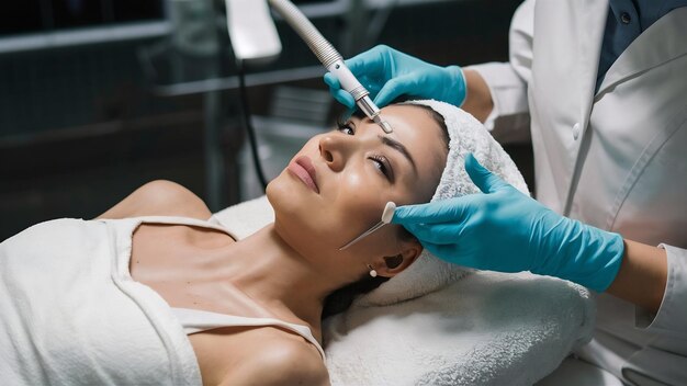 Young woman lying on cosmetologists table during rejuvenation procedure