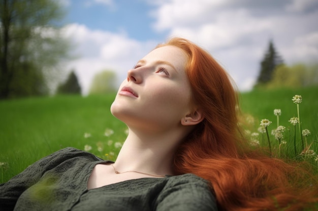 A young woman lying on the grass and looking at the sky created with generative ai