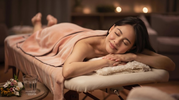 Young woman lying on the massage table and smiling