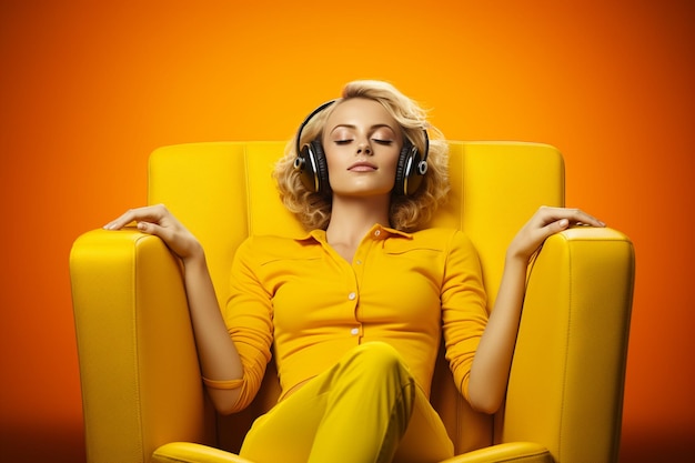 Young woman lying on yellow sofa listening music on headphone