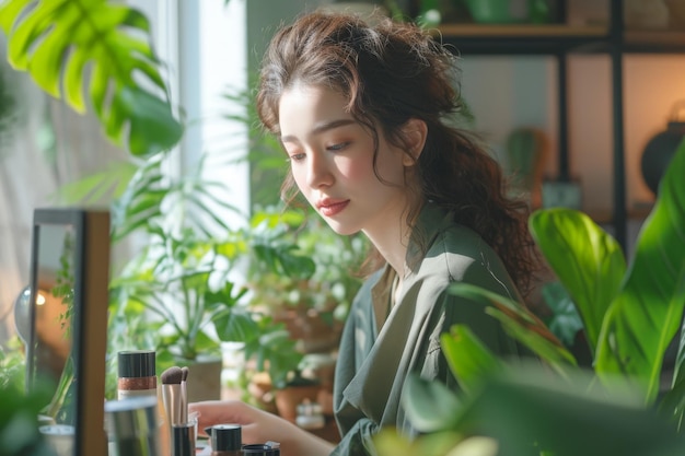 Young woman make makeup with cosmetics