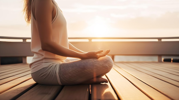 Young woman make yoga at sunset on the beach ai generative illustration