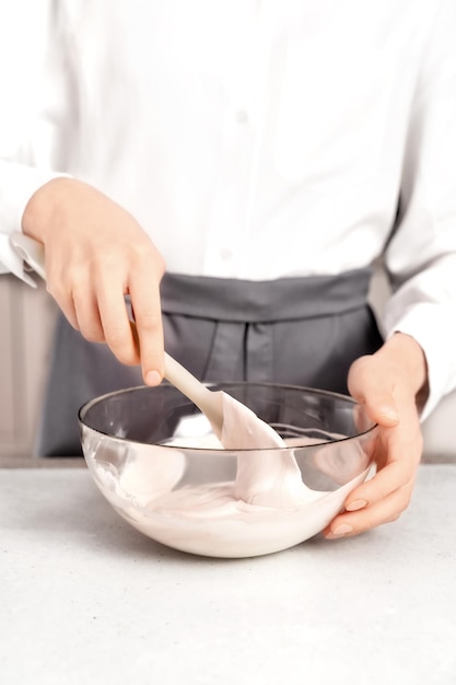 Young woman making chocolate cream Delicious food concept Great design for any purposes