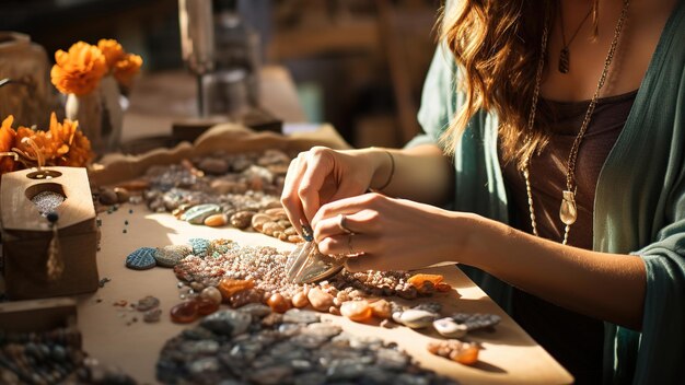 市場で宝石を作っている若い女性