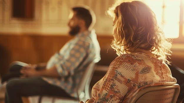 Photo a young woman and a man are sitting in chairs in a dimly lit room the woman is wearing a colorful shirt and the man is wearing a blue shirt