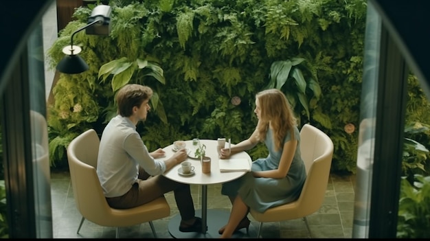 Молодая женщина и мужчина едят в современном интерьере в торговом центре с зелеными растениями крупным планом Generative AI