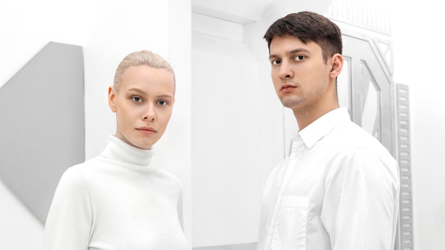 Photo young woman and man wearing white clothes