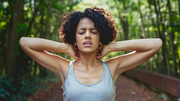 Photo young woman massaging her neck because of suffering from pain neck stretching the muscles