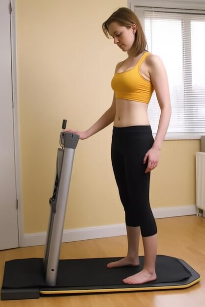 A young woman measuring her waist on a scale with an exercise mat created with generative ai