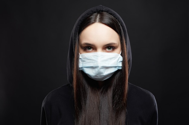 Young Woman in medical Mask Girl in Mask and Hoodie