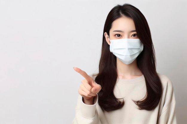 young woman in medical mask points finger right ai generative