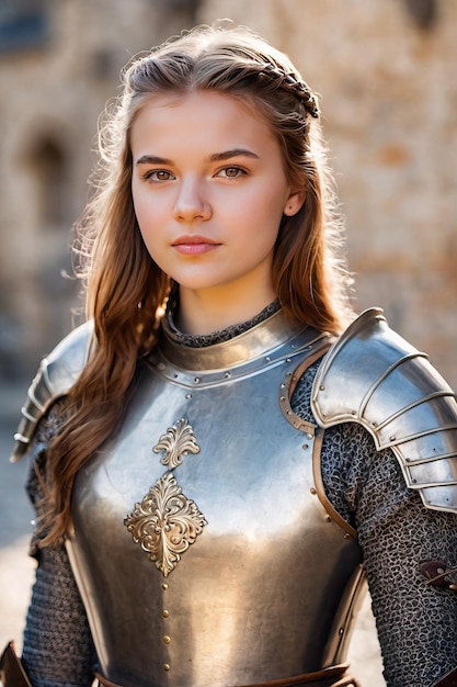 Photo a young woman in medieval armor standing in front of a castle