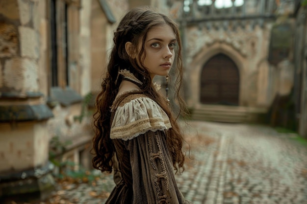 A young woman in medieval attire standing in a castle courtyard