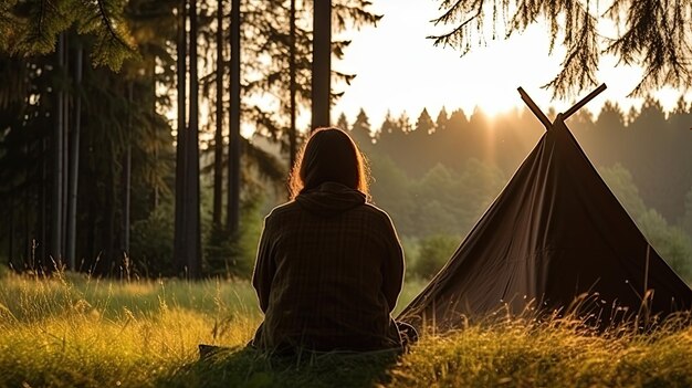 한 젊은 여자 가 자기 텐트 근처 의 여름 숲 에서 이른 아침 에 명상 하고 있다